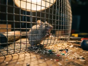 Kleine grijze muis probeert stalen gaas door te knagen op werkbank met houtkrullen en plastic fragmenten