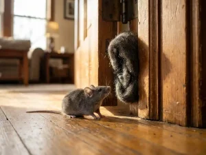 Kleine grijze muis kijkt omhoog naar staalwol in deurframe, huiselijke setting met natuurlijk licht