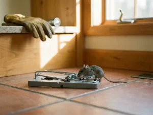 Grijze muis gevangen in klapval op keukenvloer met houten kasten op achtergrond en handschoenen op aanrecht