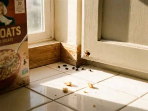 Keukenhoek met muizenuitwerpselen bij houten plint, knaagsporen op doos en gat in kastdeur, kruimels op aanrecht