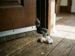 Houten deurdrempel met metalen borstels en staalwol in hoeken als muizenwering, pepermuntolie katoenballen op vloer