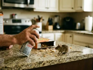 Huiseigenaar houdt muizenspray vast terwijl muis op aanrecht zit bij open ontbijtgranen, kruimels verspreid op granieten werkblad