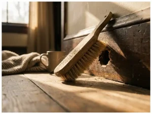 Gebruikte schoonmaakborstel met natuurlijke haren geplaatst bij muizengat in houten plint, warme huiselijke sfeer