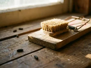 Houten muizenval met schoonmaakborstel als lokaasmechanisme op verweerde keukenvloer met muizenkeutels