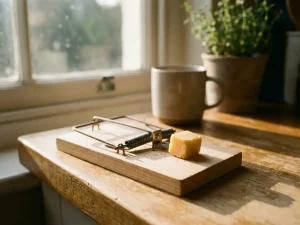 Houten muizenval met kaas als aas op keukenaanrecht, natuurlijk licht door raam, close-up weergave