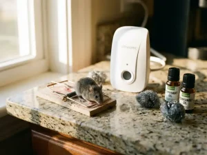 Grijze muis gevangen in houten muizenval naast ultrasoon afweermiddel op keukenaanrecht met pepermuntolie