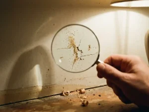 Hand houdt vergrootglas bij beschadigde witte muur met scheurtjes, gaatjes en zaagsel sporen nabij plint