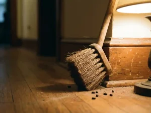 Natuurlijke borstelborstel bij houten plint met muizenkeutels, dichte vezels vormen beschermende barrière tegen ongedierte