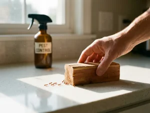Hand plaatst natuurlijk cederhout blok bij mieren op aanrecht, chemische spray ongebruikt op achtergrond
