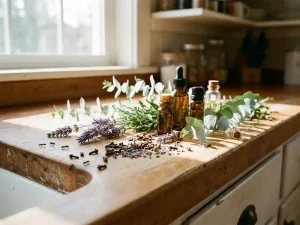 Natuurlijke insectenafweer met lavendel, eucalyptus en kruidnagel op houten keukentafel met etherische oliën