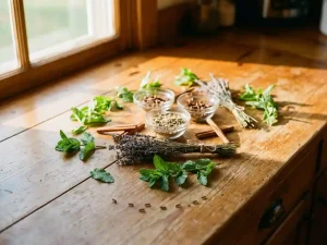Houten keukentafel met verse munt, kaneelstokjes en lavendel in glazen kommetjes, mieren lopen weg van kruiden
