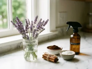 Natuurlijke ongediertebestrijding op marmeren aanrecht: lavendel, kaneel, koffiedik en pepermuntspray in ochtendlicht