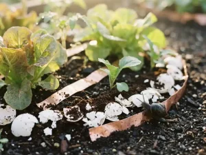 Groene slabedden met zaailingen beschermd door eierschalen, koffiedik en koperstrips tegen slakken in ochtendlicht
