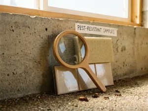 Betonnen muur met ongediertebestendige materialen zoals metaalgaas, isolatie en tegels, vergrootglas toont details