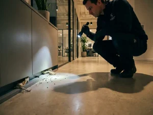 Professionele ongediertebestrijder inspecteert muizenkeutels langs plinten van kantoorgebouw met zaklamp