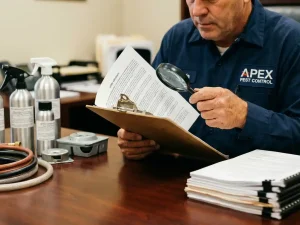 Professionele ongediertebestrijder in uniform bestudeert juridisch document met klembord en spuitflessen op bureau