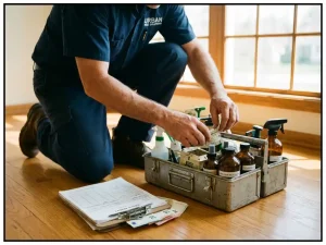 Professionele ongediertebestrijder in uniform organiseert gereedschap uit toolkit op hardhouten vloer in woonhuis