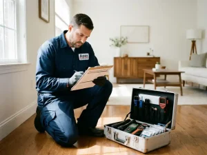 Professionele ongediertebestrijder in uniform controleert checklist naast gereedschapskist in woonkamer