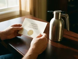 Professionele ongediertebestrijder houdt garantiecertificaat vast naast metalen spuitapparaat op houten bureau