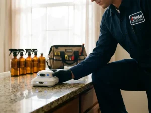 Moderne ongediertebestrijder onderzoekt witte robotische monitoringapparaat op keukenaanrecht naast traditionele spuitflessen