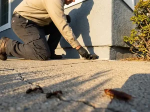Professionele ongediertebestrijder plaatst lokaasstations rond huisfundatie terwijl mieren en kakkerlakken zichtbaar zijn