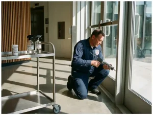 Ongediertebestrijder dicht kieren rond deuropening af, met boorzuur en pepermuntolie op onderhoudskar naast hem