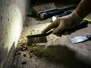 Professionele ongediertebestrijder onderzoekt muizenkeutels met gespecialiseerde borstel in donkere kelderhoek