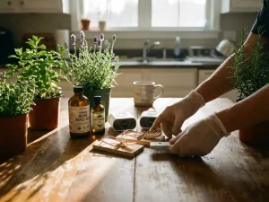Professionele ongediertebestrijder rangschikt natuurlijke muizenvallen, ultrasonische apparaten en biologische sprays op houten tafel