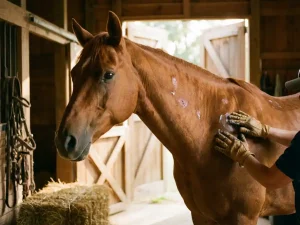 Dierenarts behandelt kastanjebruine paard met verzorgende crème in zonnige stal met hooibalen op achtergrond