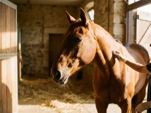 Veearts onderzoekt gezonde kastanjebruine paard in zonnige stal, kalme sfeer met warm licht door houten deuren