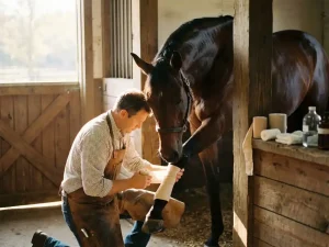 Dierenarts verbindt zorgvuldig been van kalm paard in stal, medische verzorging met warme natuurlijke lichtinval