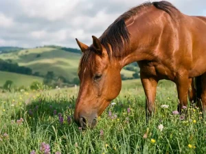 Gezond paard graast vredig in weelderig groen weiland met wilde bloemen, ochtendlicht creëert zachte schaduwen
