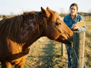 Kastanjebruin paard krabt nek tegen hekpaal in zonnige wei, eigenaar observeert huidirritatie op vacht