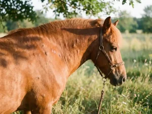 Kastanjebruine pony met huidirritatie en bultjes op nek en schouder, oren naar achteren in zonlicht weide