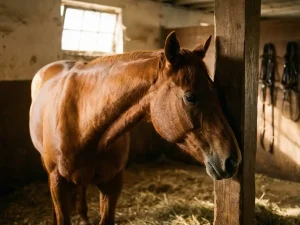 Kastanjebruine paard wrijft nek tegen houten paal in stal, zonlicht door ramen, hooi op grond