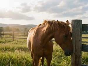 Kastanjebruin paard krabt nek tegen houten hekpaal in zonnig weiland met vliegende insecten en groen gras