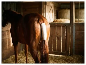 Kastanjebruin paard in stal met witte beschermende staartbandage, gouden zonlicht valt door houten staldeuren