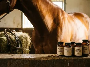 Paard met glanzende vacht naast natuurlijke supplementen op houten stalplank in warme stalomgeving