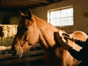 Kastanjebruin paard wordt verzorgd met zachte borstel in stal met warme namiddagzon door ramen