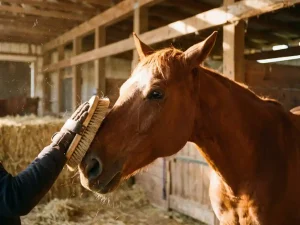 Paard wordt verzorgd met borstel in stal, glanzende vacht en ontspannen houding tonen welzijn en zorg