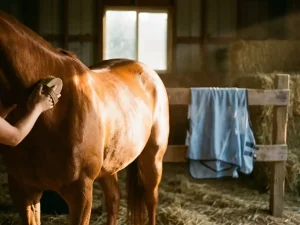 Kastanjebruine paard wordt geborsteld in stal, zomereczeemdeken op hek, gouden zonlicht door raam