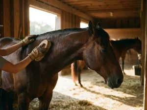 Bruine paard wordt geborsteld door persoon in zonnige stal, warme sfeer en vertrouwensvolle band tussen mens en dier