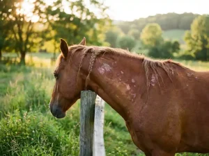 Kastanjebruin paard met zomerekzeem krabt nek tegen houten hekpaal in zonnige wei