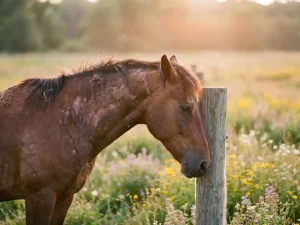 Baai paard krabt nek tegen houten hekpaal in zonverlichte weide, zomereczeem symptomen zichtbaar, wilde bloemen op achtergrond