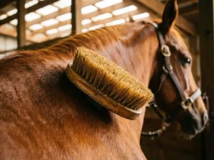 Natuurlijke paardenborstel met gouden borstelharen tegen glanzende kastanjebruine paardenvacht in stal