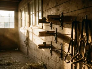 Paardenborstels gemonteerd op metalen beugels aan rustieke houten stalwand, met leren halsters en hooi op de grond
