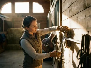 Professionele ruiter stelt hoogte van paardenborstel in op stalwand, meetlint toont optimale positie ter hoogte van paardenschouder