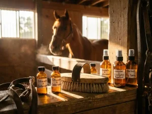 Paardenborstels met natuurlijke haren op houten stalrand met insectenwerende oliën, kastanjebruin paard op achtergrond