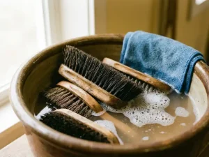 Paardenborstels met natuurlijke haren weken in zeepwater in keramische kom met microvezeldoek