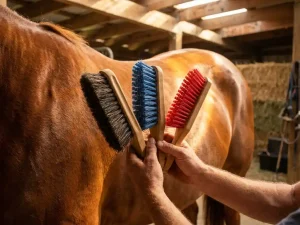 Handen houden drie paardenborstels met verschillende borstelhardheid tegen glanzende kastanjebruine paardenvacht